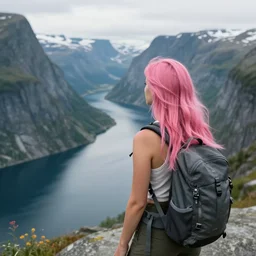 a young woman with long pink hair looking at fjords, hiking clothes, tank top, backpack, norway, fjords in background, cinematic, beautiful, stunning, day time, epic, 8 k, 1 6 : 9