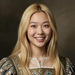 a totally amazed smiling pretty asian girl with blonde hair, fully covering intricate detailed outfit, long loose blonde hair, precise linework, accurate brown eyes, small nose, beautiful smooth oval head, expressive emotions, hyper realistic ultrafine portrait by artemisia gentileschi, jessica rossier, greg rutkowski, artgerm