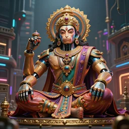 high quality 3 d render colorful post - modern cyborg! hanuman sitting, gold madhubani, highly detailed, cyberpunk!! mumbai in the background, vray cinematic smooth, liam wong, moody light, low angle, uhd 8 k, sharp focus