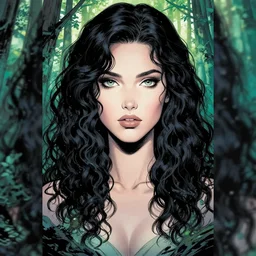 artgerm, joshua middleton comic cover art, rafael albuquerque, full body pretty evan rachel wood ice queen, symmetrical eyes, symmetrical face, long curly black hair, beautiful forest, chiral lighting