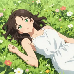 a young woman with dark brown hair and green eyes, wearing a white dress, lying in a field of flowers, anime key visual, artstation, kuvshinov ilya