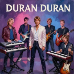8 0's synthesizer band, anton corbijn, purple, pink, blue, posed, album cover, duran duran, synthesizer, guitar, atmospheric lighting. highly detailed painting by greg rutkowski.
