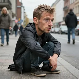 Caricature but as 4k photography. thomas muller is a bum in the streets of berlin, looking at the ground, sad.