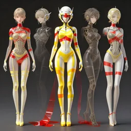 a full body character design by loish, hong soonsang, tooth wu, zeen chin, wlop, makoto shinkai and alphonse mucha. white and yellow tape and red translucent plastic tape project show attctive showgirl!! sci - fi helmet with!! sharp edges. contour light!! ultra detailed, elegant, intricate, octane render.