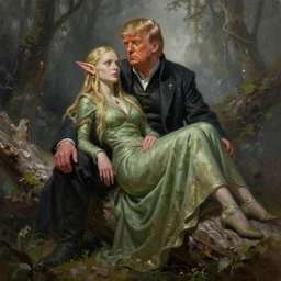 a donald trump!!! is a female elf from lord of the rings rests on a log, detailed matte fantasy painting, cinematic lighting, deviantart artstation, by greg rutkowski, by peter mohrbacher