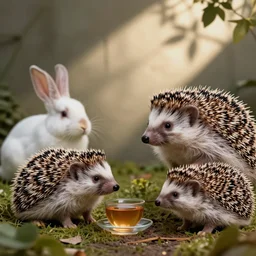 Hedgehogs visiting their friends rabbits and drinking tea
