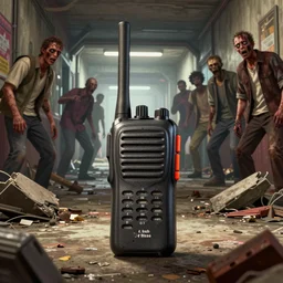 a walkie - talkie in the center of the picture in rubble in gta v, macro perspective, in a hallway with zombies in the background, stephen bliss, unreal engine, fantasy art by greg rutkowski, loish, rhads, ferdinand knab, makoto shinkai and lois van baarle, ilya kuvshinov, rossdraws, tom bagshaw, global illumination, detailed and intricate environment