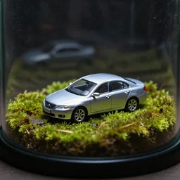 Tiny sedan in terrarium, covered in moss, 70mm