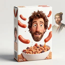 a cereal box with a trippy surrealist mark ruffalo portrait with flying sausages by aardman animation and Caravaggio