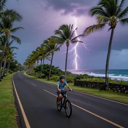 a boy riding a bicycle on the roads of hawaii, palm trees are on the side of the roads, with beautiful dramatic lightning with the sea in the background