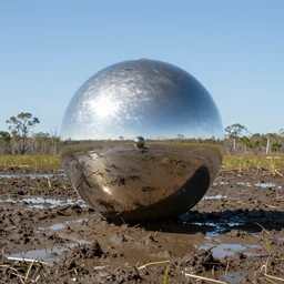 a large metallic ball with a mirror finish sits in the florida everglades covered in mud, photorealistic
