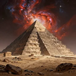 a desolate landscape with an ancient alien pyramid in the distance, cosmic, interstellar, vivid sky, digital art, matte painting, concept art, intricate, epic, depth, artstation, Noah Bradley, Greg Rutkowski, highly detailed, mysterious, octane render, 8k, - H 1088