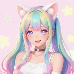 beautiful pastel rainbow haired girl, cat ears, metahuman in artstation, kawaii background