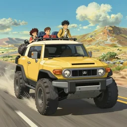 digital illustration of mad max's fj 4 0 pursuit special, the last v 8 interceptor driving down a deserted valhalla highway in the middle of the day by studio ghibli, anime style year 2 0 9 3, by makoto shinkai, ilya kuvshinov, lois van baarle, rossdraws, basquiat