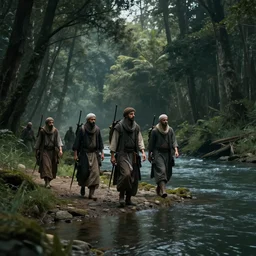 muslim adventurers walking along the river bank in a forest, an epic fantasy, dramatic lighting, cinematic, extremely high detail, photorealistic, cinematic lighting, matte painting, artstation, by Christopher Nolan, 50mm lens, horizon forbidden west