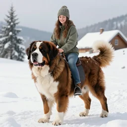 girl riding giant saint bernard in the snow, trending on artstation