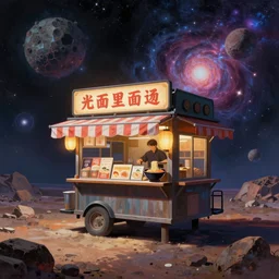 a ramen foodcart on an asteroid at the end of the universe, cosmic and colorful, painting