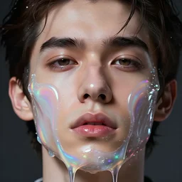 extreme close up of gorgeous hyperrealistic male face melts like iridescent ice cream, digital art masterpiece, highly detailed neo pop surrealism, jason limon kay sage hannah yata, dramatic lighting, low angle, uhd 8 k, shallow depth of field