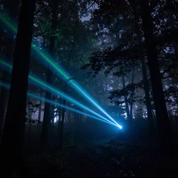 laser beams shining through a misty forest at night