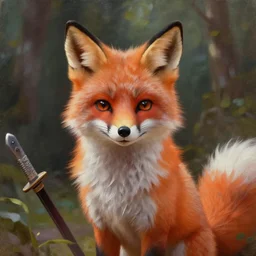 portrait of a cute fox as a swordsman in the forest:: in the style of charlie bowater, Joshua Middleton, Disney realistic:: oil painting::