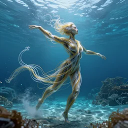 an alien woman dancing in an underwater landscape has a body made of thousands of thin computer cables of translucent gold and silver that are twisting, swirling, and pulling apart in the swift current, caustics lighting blue water from above, highly detailed, fantasy, octane render