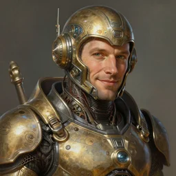close up portrait ofjay weingarten smiling wearing battle armor, solarpunk, retrofuturist! intricate, elegant, highly detailed, ray tracing, digital painting, artstation, concept art, smooth, sharp focus, illustration, art by artgerm and greg rutkowski and alphonse mucha, 8 k