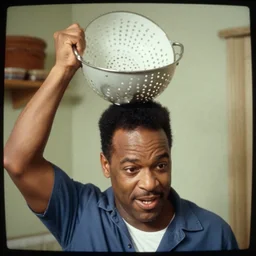 steve harvey forcefully pulling a colander onto his own head, realistic, vintage photograph, tv static, film grain