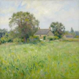 grassy landscape with a cottage, impressionist