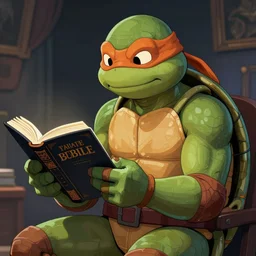 Digital artwork of Donatello of the Teenage Mutant Ninja Turtles reading the Bible, trending on artstation