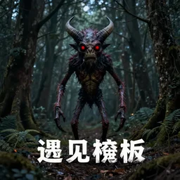 creepy creature standing in a dark forest at night, two horns on had, standing on two legs, red eyes, photorealistic, book cover