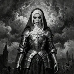 By Tom Bagshaw, ultra realist soft painting of a gothic crypt by night, Gothic armored female nun and dressed, horror, omnious sky, symmetry accurate features, very intricate details, black and white, volumetric light clouds