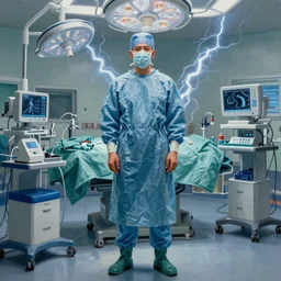 A mixed media painting of a surgeon standing in an operating room, surrounded by new technology, infused with lightning, very aesthetic, dramatic, surgical mask on, surgical gown and scrubs on, by Edward Hopper, Matisse, Picasso, CGsociety, full length, exquisite detail, post-processing, hyperrealistic, award winning, masterpiece, cinematic