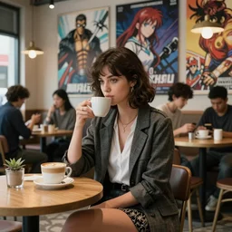 a stylish woman in a cafe | | fine detail!! anime!! realistic shaded lighting!! poster by ilya kuvshinov katsuhiro otomo ghost - in - the - shell, magali villeneuve, artgerm, jeremy lipkin and michael garmash and rob rey