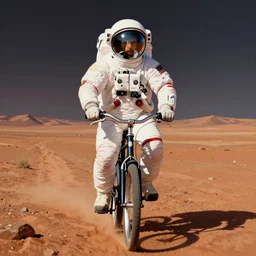 centre portrait of an astronaut riding a bicycle on the mars!! symmetry, retro 8 0 s style, colourful, accurate, realistic illustration, art by peter elson,