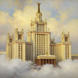 The palace of Russian cosmos cultists, monumental soviet building, stalinist ampir architecture breaking through the clouds, warm, 40-s style, breathtaking, down to up view, painting