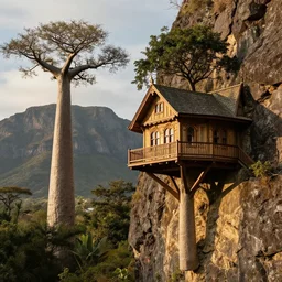 victorian treehouse on the side of a cliff in madagascar, next to an enormous mountain, baobab tree, cinematic lighting, hyper realistic, photographic, sharp focus, by greg rutkowski and aphonse mucha