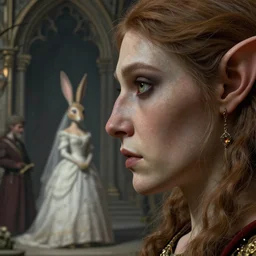 closeup profile medieval nicoletta ceccoli, mark ryden, lostfish, hyung tae, frank frazetta, face portrait of medieval goblin and jessica rabbit marriage portrait, depth of field, detailed and intricate gothic environment, 8 k resolution, hyperrealistic, octane render