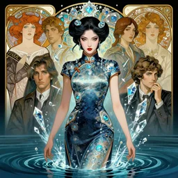 portrait of a cyberpunk samurai woman wearing a cheongsam, emerging from the water, fantasy, regal, fractal crystal, fractal gems, by stanley artgerm lau, greg rutkowski, thomas kindkade, alphonse mucha, loish, norman rockwell.