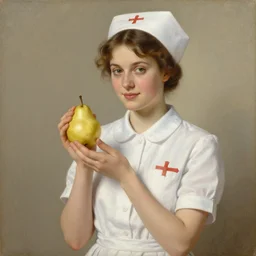 vintage beautiful painting of a nurse holding a pear