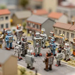 a detailed miniature diorama of retro toy robots invading a detailed model of a 1 9 5 0 s town, nicoletta ceccoli, mark ryden, lostfish, photography 4 k, f 1. 8 anamorphic, bokeh, 4 k, canon, nikon