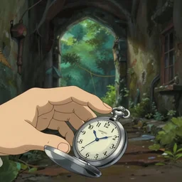 realistic interior shot from howls moving castle ( 2 0 0 4 ) a hand approaching a reflective silver pocket watch. abandoned alley dense woodland. cartoon depth of field.