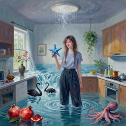 tall emo female artist holding a blue starfish in her flooded kitchen, pomegranates, octopus, water gushing from ceiling, painting of flood waters inside an artist's apartment, a river flooding indoors, ikebana, zen, rapids, waterfall, black swans, canoe, berries, acrylic on canvas, surrealist, by magritte and monet