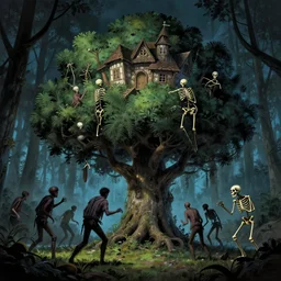 zombies and skeletons attacking a beautiful tree with a house on top, beautiful forest, night, fantasy art, conceptart, artstation, frank frazetta