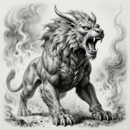 portrait grayscale drawing by Gustave Dore of muscled manticore beast growling with ferocious teeth, swirling flames in background