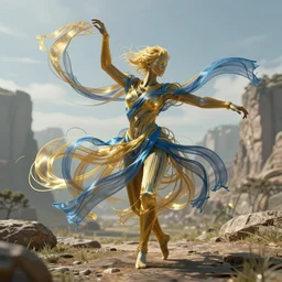 a dancing humanoid has a body made of millions of thin ribbons and threads of translucent gold and blue fabric that are twisting, swirling, unraveling, and pulling apart in the wind of an ancient landscape, highly detailed, fantasy character, unreal engine