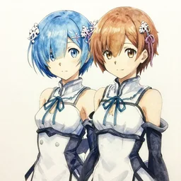 re:zero rem and ram, watercolour and black ink, stunning illustration by yoji shinkawa