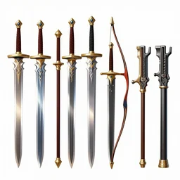 A strong contrast set of swords and bows, game asset of six different magic swords, lance, gun by Stanley Artgerm Lau, game pack, assets, WLOP, Rossdraws, James Jean, Andrei Riabovitchev, Marc Simonetti, and Sakimichan, trending on artstation , assets, HD , strong contrast
