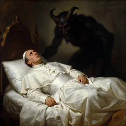 the pope wakes up is his bed, sweating, nervous, terrified, because a double horned shadow demon lurks in the wall of the papal bedroom. highly detailed painting by gaston bussiere, j. c. leyendecker, greg rutkowski, craig mullins 8 k