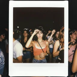 a 70s polariod of a crowd in a liminal space having a rave.