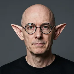 a portrait photograph of a bald man wearing circular glasses, with very very very very long ears, elf ears, spock ears, incredibly long ears, guiness world record longest ears. 8 5 mm f / 1. 2 studio lighting portrait
